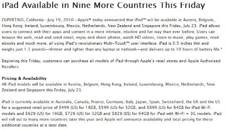 iPad disponible dans 9 pays